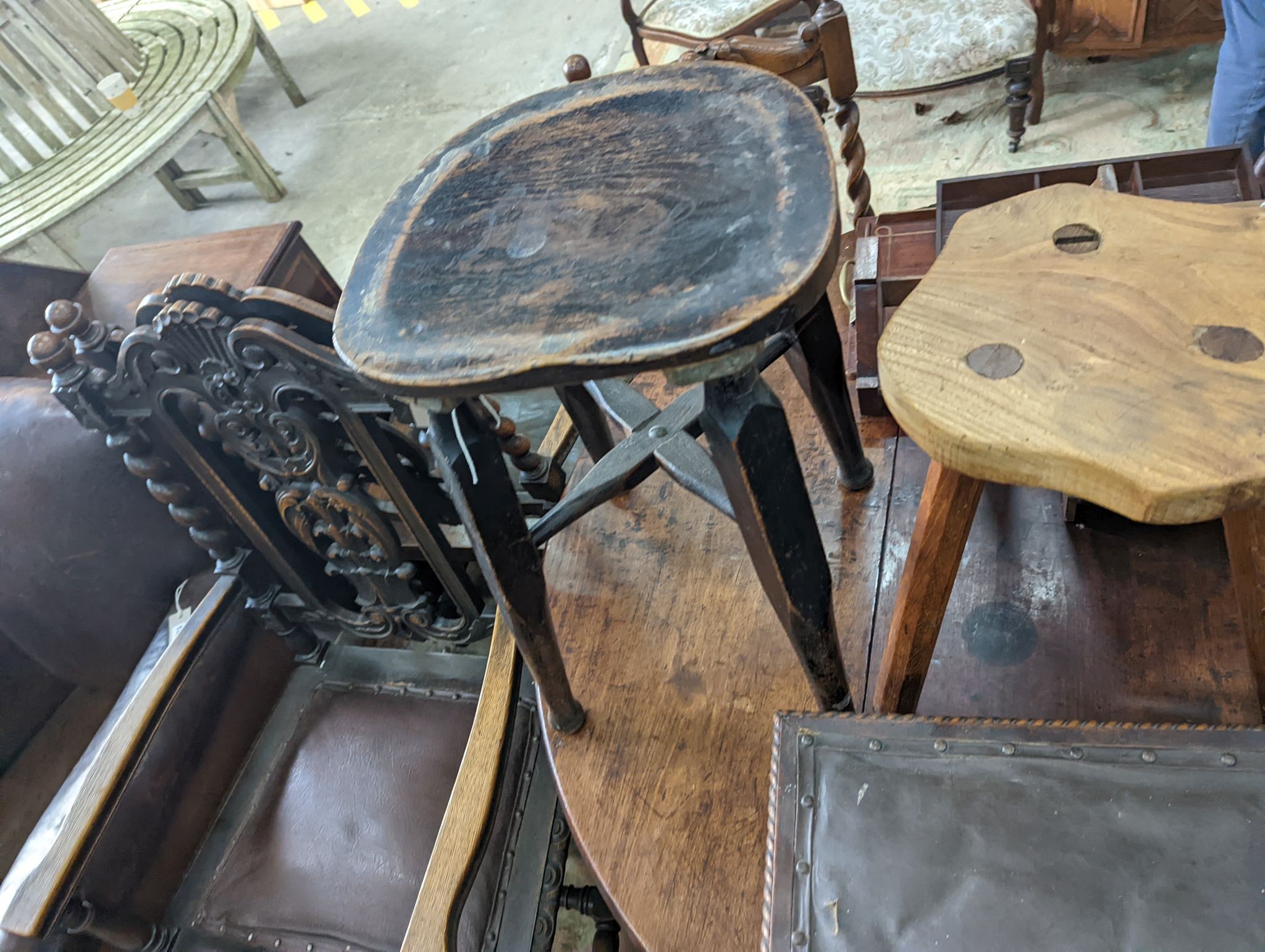 Four assorted stools, two trays, a bookstand and a wall shelf